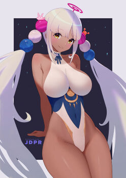 1girl adapted_costume artist_name bare_shoulders blue_one-piece_swimsuit blush breasts collarbone covered_navel grey_hair head_tilt hololive hololive_english jdpr kaniko_(tsukumo_sana) large_breasts limiter_(tsukumo_sana) looking_at_viewer one-piece_swimsuit patreon_username smile solo swimsuit tsukumo_sana tsukumo_sana_(1st_costume) usaslug_(tsukumo_sana) white_one-piece_swimsuit yellow_eyes