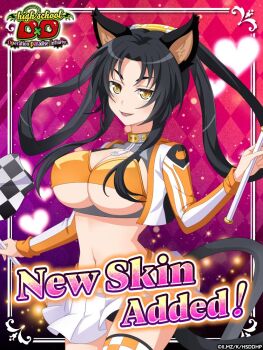 1girl animal_ears black_hair breasts cat_ears cat_girl cat_tail cleavage copyright_name female_focus g123 high_school_dxd high_school_dxd_operation_paradise_infinity kuroka_(high_school_dxd) large_breasts looking_at_viewer midriff multiple_tails navel official_art parted_lips purple_lips revealing_clothes skirt smile solo tail thighhighs two_tails underboob yellow_eyes