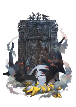 arceus black_sclera chandelure colored_sclera cresselia darkrai dialga duskull full_body gen_1_pokemon gen_3_pokemon gen_4_pokemon gen_5_pokemon giratina highres legendary_pokemon mythical_pokemon nintendo no_humans open_mouth palkia pokemon pokemon_(creature) psyduck red_eyes shedinja simple_background smoke solo stone_tablet volpecorvo white_background yamask