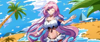 Rule 34 | 1girl, ;), beach, bikini, blue eyes, blue sky, boat, breasts, commentary request, elf, elysia (honkai impact), elysia (miss pink elf) (honkai impact), elysia (summer miss elf) (honkai impact), highres, honkai (series), honkai impact 3rd, large breasts, long hair, miyoushe watermark, navel, official alternate costume, one eye closed, palm tree, pointy ears, sky, smile, solo, southwindnine, stomach, swimsuit, tree, very long hair, watercraft, watermark, white bikini