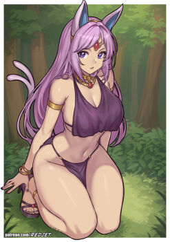 1girl animal_ears armlet border bracelet breasts cleavage espeon forehead_jewel forest forked_tail gen_2_pokemon gold_armlet gold_collar gold_thighlet high_heels jewelry kneeling large_breasts long_hair looking_at_viewer nature navel nintendo outside_border pelvic_curtain personification pokemon purple_eyes purple_hair redjet solo tail thighlet white_border