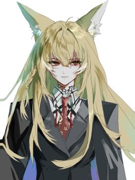 1girl animal_ear_fluff animal_ears arknights black_jacket blazer blonde_hair braid closed_mouth collared_shirt facial_scar fox_ears fox_girl hair_between_eyes highres jacket lapels light_smile long_hair looking_to_the_side multicolored_hair necktie red_necktie scar scar_on_cheek scar_on_face shirt sideways_glance simple_background solo streaked_hair upper_body vulpisfoglia_(arknights) white_background white_hair white_shirt xiangshou_manchang_exing_xunhuan yellow_eyes