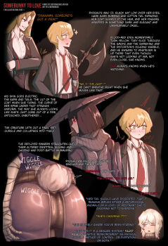 1boy 3girls absurdres ajirogasa ass axe bandaged_arm bandages black_gloves black_hair blonde_hair blue_eyes blush breasts brown_hair cigarette closed_mouth coat collared_shirt conical_hat english_text faust_(project_moon) gloves grey_scarf hand_wraps hat heishou_pack-mao_branch_(identity)_(project_moon) highres holding holding_axe leoderorero limbus_company long_hair long_sleeves multiple_girls necktie one_eye_closed open_mouth project_moon rabbit_tail red_eyes red_necktie rice_hat ringed_eyes rodion_(project_moon) scarf shirt short_hair simple_background sinclair_(project_moon) smoking tail white_hair white_shirt yellow_eyes