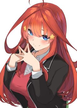 1girl absurdres ahoge akaneiro_(akane_color35) asahiyama_high_school_uniform bad_id bad_pixiv_id black_jacket blue_eyes blurry blush breasts closed_mouth collared_shirt depth_of_field eyebrows_hidden_by_hair eyelashes eyes_visible_through_hair from_above go-toubun_no_hanayome hair_between_eyes hair_ornament hands_up highres jacket large_breasts long_hair long_sleeves looking_at_viewer nakano_itsuki open_clothes open_jacket own_hands_together red_hair red_sweater_vest school_uniform shirt sidelighting sidelocks simple_background smile solo split_mouth star_(symbol) star_hair_ornament steepled_fingers sweater_vest upper_body very_long_hair white_background white_shirt
