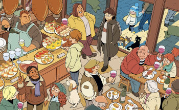 5girls 6+boys :d alcohol alt_text apron aqua_hat balding beanie black_cat black_facial_hair black_hair blue_apron blue_hat bottle brown_coat brown_hair brown_hat calico_(pattern) calico_cat cat child coat commentary_request cup curly_hair dark-skinned_male dark_skin dog drinking_glass eating facial_hair fat fat_man food food_request fork freckles from_above glasses green_jacket grey_hair gurihiru hair_bun hair_slicked_back hand_in_pocket hat holding holding_cup holding_hands holding_plate jacket long_hair mature_male medium_hair multiple_boys multiple_girls old old_man old_woman open_mouth orange_hair original plate pouring profile red_coat restaurant round_eyewear sandwich shirt shish_kebab short_hair sitting smile spain table toothpick white_hair white_shirt window wine wine_bottle wine_glass yellow_jacket