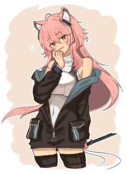 Rule 34 | 1girl, :d, ahoge, animal ear fluff, animal ears, arknights, armor, bare shoulders, black jacket, blush, breastplate, brown background, brown eyes, brown thighhighs, covered navel, cropped legs, gravel (arknights), hand on own face, head tilt, headset, heart, highres, holding, holding weapon, infection monitor (arknights), jacket, leotard, leotard under clothes, long hair, long sleeves, looking at viewer, mabing, open clothes, open jacket, open mouth, partially unzipped, pink hair, smile, solo, thighhighs, two-tone background, weapon, white leotard, zettai ryouiki, zipper pull tab