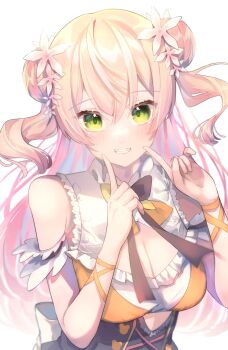 Rule 34 | 1girl, blonde hair, blush, bow, bowtie, breasts, cleavage, clothing cutout, cutout above navel, double bun, dress, eme (emeralda), flower, from above, gradient hair, green eyes, grin, hair between eyes, hair bun, hair flower, hair ornament, highres, hololive, long hair, looking at viewer, medium breasts, momosuzu nene, multicolored bow, multicolored bowtie, multicolored hair, pink hair, pointing, pointing at self, simple background, sleeveless, sleeveless dress, smile, two side up, underbust, upper body, upturned eyes, virtual youtuber, wavy hair, white background