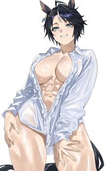 1girl abs absurdres animal_ears black_hair blouse blue_eyes breasts ear_ornament fuji_kiseki_(umamusume) highres horse_ears horse_girl horse_tail large_breasts long_sleeves muscular muscular_female naked_shirt navel no_bra open_clothes shirt short_hair simple_background solo tail taiyang_yu umamusume wet white_background white_shirt white_streaks