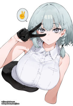Rule 34 | 1girl, aqua hair, bare shoulders, black gloves, braid, breasts, collared shirt, fanbox username, gloves, grey eyes, half gloves, highres, jjune, large breasts, looking at viewer, original, patreon username, shirt, simple background, single braid, sleeveless, sleeveless shirt, solo, upper body, v, white background, white shirt