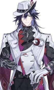 Rule 34 | 1boy, absurdres, ashveil (honkai: star rail), black hair, black pants, black shirt, cane, commentary, crescent, crescent pin, fedora, gloves, gradient hair, hat, hat ornament, highres, holding, holding cane, honkai: star rail, honkai (series), jacket, jewelry, kano kano 777, lapel pin, long hair, male focus, multicolored hair, necklace, pants, purple eyes, shirt, simple background, solo, tooth necklace, turtleneck, watch, white background, white gloves, white hair, white hat, white jacket, wristwatch