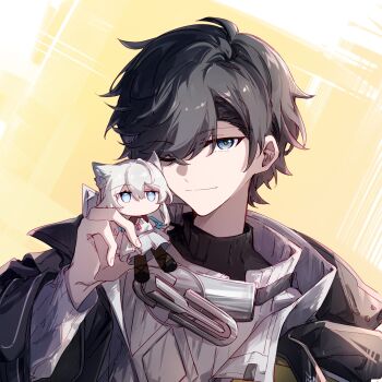 1boy arknights arknights:_endfield black_sweater blue_eyes character_doll commentary doll endministrator_(arknights) grey_hair grey_jacket hashtag-only_commentary hibioes highres jacket long_sleeves male_endministrator_(arknights) perlica_(arknights) short_hair sweater upper_body white_sweater