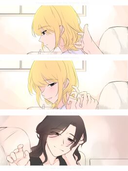 Rule 34 | 2girls, black eyes, black hair, blonde hair, blush, casio ii, commentary, hand in another's hair, hashtag-only commentary, highres, mole, mole above mouth, mole on cheek, mole under eye, multiple girls, real life, sasaki rico (voice actor), short hair, voice actor, yonezawa akane, yuri