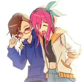 0_scyf 2girls :d ^_^ adjusting_eyewear androgynous asymmetrical_hair aubrey_(faraway)_(omori) aubrey_(omori) backlighting black_pants black_shirt blue_hairband blue_hoodie blue_pants blurry bow_hairband brown_eyes brown_hair closed_eyes closed_mouth denim depth_of_field drawstring glasses hair_behind_ear hair_between_eyes hairband hand_in_pocket hand_on_another&#039;s_shoulder hand_up hashtag-only_commentary highres hood hood_down hoodie jacket jeans kim_(omori) long_hair long_sleeves midriff multiple_girls navel no_nose omori open_clothes open_jacket open_mouth orange_sailor_collar pants pink-framed_eyewear pink_hair pocket puffy_long_sleeves puffy_sleeves rectangular_eyewear sailor_collar shirt short_hair sidecut simple_background smile standing three-quarter_sleeves tomboy undercut upper_body very_short_hair white_background white_jacket