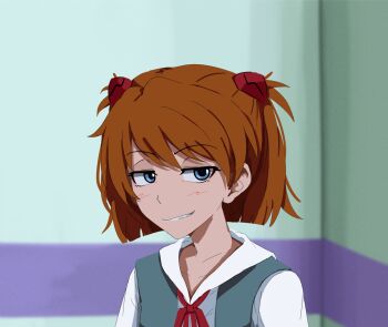 1girl alternate_hair_length alternate_hairstyle blue_eyes blunt_ends blurry blurry_background brown_hair commentary commission fang grin highres interface_headset_(evangelion) kurokimoko neon_genesis_evangelion portrait raised_eyebrows school_uniform short_hair smile solo souryuu_asuka_langley tokyo-3_middle_school_uniform two_side_up