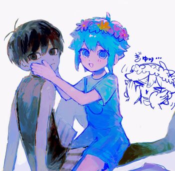 2boys antenna_hair basil_(headspace)_(omori) basil_(omori) black_eyes black_hair black_tank_top black_thighhighs closed_mouth colored_skin commentary double-parted_bangs flower flower_wreath green_eyes green_hair hair_between_eyes head_wreath highres hinshi_hp0 looking_at_viewer male_focus multiple_boys omori omori_(omori) short_hair shorts sidelocks simple_background striped_clothes striped_shorts symbol-only_commentary tank_top thighhighs translation_request vertical-striped_clothes vertical-striped_shorts white_background white_shorts white_skin