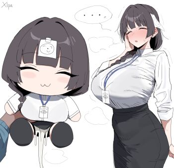 ... 2girls :3 ^_^ absurdres agalmatophilia artist_name black_hair black_skirt blue_archive braid braided_ponytail breasts character_doll closed_eyes commentary cum doll doodle_sensei_(blue_archive) female_sensei_(blue_archive) female_sensei_(blue_archive)_(xipa) highres holding holding_doll huge_breasts implied_futanari karin_(blue_archive) lanyard meme multiple_girls sensei_(blue_archive) simple_background skirt sparkle_doll_onahole_(meme) spoken_ellipsis symbol-only_commentary white_background xipa