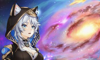 1girl animal_ear_fluff animal_ears animal_hood blue_eyes bow breasts cat_ears cat_girl cat_hood choker cipher_(honkai:_star_rail) cleavage commentary_request galaxy gradient_background grey_hair highres honkai:_star_rail honkai_(series) hood leotard medium_breasts meme mole open_mouth puyopuyo_10 space space_cat_(meme) white_streaks