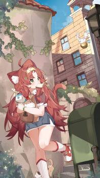 1girl absurdres ahoge animal_ear_fluff animal_ears arknights bag blue_skirt bread bread_slice cat_ears cat_girl cat_tail denim denim_skirt drink_carton food green_eyes highres kemonomimi_mode long_hair messy_hair milk_carton miniskirt mouth_hold myrtle_(arknights) outdoors paper_bag pointy_ears red_hair red_shoes running shoes short_sleeves skirt socks solo tail vanishedstar white_socks