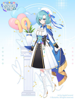 1girl apple_caramel balloon beret blue_background blue_eyes blue_hair boots breasts center_frills closed_mouth commentary_request confetti copyright_request epaulettes frills fringe_trim gradient_background hat heart_balloon high_heel_boots high_heels highres korean_text long_sleeves looking_at_viewer medium_breasts pillar pleated_skirt shirt side_cape single_epaulette skirt smile solo translation_request vase white_background white_boots white_hat white_shirt white_skirt