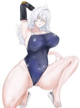 1girl ahoge arm_behind_head armpits blue_one-piece_swimsuit breasts cameltoe covered_navel goddess_of_victory:_nikke hair_between_eyes hair_intakes highres large_breasts long_hair looking_at_viewer mechanical_arms one-piece_swimsuit open_mouth sandals single_mechanical_arm snow_white_(nikke) solo squatting swimsuit white_background white_hair white_sandals xmld404 yellow_eyes
