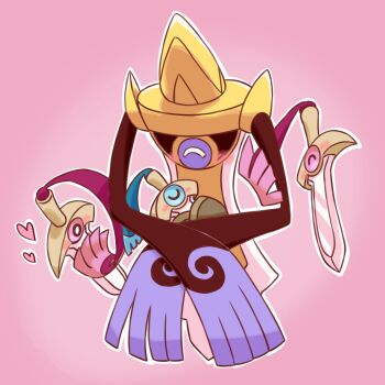 Rule 34 | aegislash, animate object, blush, closed eyes, commentary request, doublade, evolutionary line, gen 6 pokemon, heart, holding, holding pokemon, honedge, nintendo, no humans, one-eyed, origazma, outline, pink background, pokemon, pokemon (creature), simple background, sword, weapon, white outline