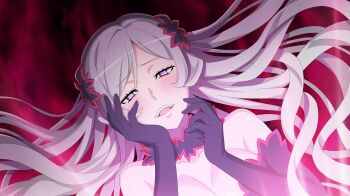 1girl anime_coloring aroused bare_shoulders blush breasts cleavage danmachi_battle_chronicle dungeon_ni_deai_wo_motomeru_no_wa_machigatteiru_darou_ka elbow_gloves eye_reflection fang flipped_sidelocks freya_(danmachi) game_cg gloves grey_hair hair_ornament hair_spread_out hand_on_own_cheek hand_on_own_face hands_up highres long_hair looking_at_viewer medium_breasts non-web_source official_art parted_bangs parted_lips portrait purple_eyes reflection revealing_clothes smile solo