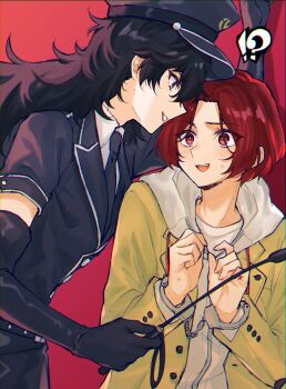 !? 1boy 1girl absurdres amamiya_ren arm_up baton_(weapon) black_eyes black_gloves black_hair black_hat black_jacket black_necktie black_skirt blush chromatic_aberration commentary_request cuffs curtained_hair elbow_gloves facing_viewer genderswap genderswap_(mtf) gloves hair_between_eyes handcuffs hands_up hat highres holding holding_baton_(weapon) hood hoodie jacket kamishiro_nagisa leaning_forward leather leather_jacket leather_skirt long_hair looking_at_another looking_down messy_hair necktie open_mouth pentacle_dark persona persona_5 persona_5:_the_phantom_x police police_hat police_uniform policewoman red_background red_eyes red_hair school_uniform shirt short_hair simple_background skirt sweatdrop teeth upper_body upper_teeth_only weapon white_hoodie white_shirt yellow_jacket
