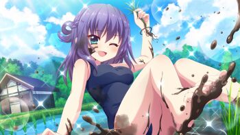 1girl ;d aqua_eyes architecture arm_support barefoot blue_hair blue_sky breasts building cloud cloudy_sky day dirty dirty_face dirty_feet dot_nose dutch_angle east_asian_architecture fallen_down feet film_grain foot_out_of_frame game_cg hand_up holding honjou_kasumi izumi_tsubasu knees_together_feet_apart knees_up lens_flare looking_at_viewer medium_breasts medium_hair mud non-circular_lens_flare non-web_source official_art on_ground one_eye_closed open_mouth outdoors re:stage! rice_paddy rice_planting school_swimsuit sky smile soles solo sparkle sunlight swimsuit toes