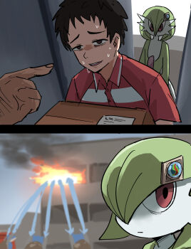 1girl 2boys angry artist_request black_hair blush bob_cut closed_mouth colored_skin death disaster_girl_(meme) disgust exhausted fire fourth_wall gardevoir gen_3_pokemon green_hair green_skin hair_over_one_eye jealous long_hair looking_at_another looking_at_viewer meme multicolored_skin multiple_boys multiple_others nintendo one_eye_covered pokemon pokemon_(anime) pokemon_(creature) poketoon psychic_powers pun red_eyes red_shirt shaded_face shirt short_hair smile split_mouth standing sweat two-tone_skin upper_body white_skin yuugo_(pokemon)