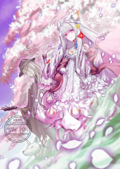 152_in_can 1boy 1girl animal bandana bandana_around_neck black_gloves black_haori blue_flower brown_haori chaldean_floralia cherry_blossoms clothed_animal commentary_request cone_hair_bun dog dress fate/grand_order fate_(series) fedora flora_(fate) flower flower-shaped_pupils glasses gloves green_eyes grey_eyes grey_hair grey_kimono hair_between_eyes hair_bun hair_flower hair_ornament hanasaka_no_okina_(fate) haori haori_himo hat hat_flower highres japanese_clothes kimono long_hair long_hair_between_eyes long_sidelocks low_ponytail mole mole_under_eye monocle petals pink_bandana pink_eyes pink_petals ponytail purple_flower red_flower round_eyewear scarf shirt_under_kimono sidelocks single_sidelock smile symbol-shaped_pupils white_dog white_dress white_hair yellow_flower