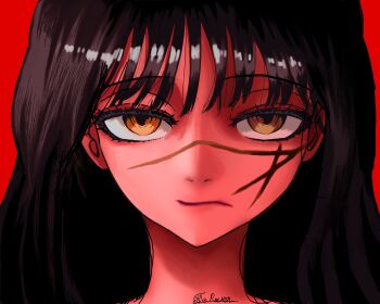 1girl absurdres black_hair chainsaw_man close-up commentary_request highres long_hair looking_at_viewer mitaka_asa red_background roemon scar scar_on_face simple_background solo war_devil_(chainsaw_man) yellow_eyes