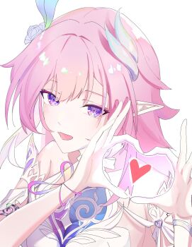 1girl bare_shoulders breasts cyrene_(honkai:_star_rail) cyrene_(ripples_of_past_reverie)_(honkai:_star_rail) diamond-shaped_pupils diamond_(shape) dress flower four-finger_heart_hands hair_flower hair_ornament hashtag-only_commentary heart heart_hands highres honkai:_star_rail honkai_(series) large_breasts long_hair nananase7000 open_mouth pink_hair pointy_ears purple_eyes solo symbol-shaped_pupils upper_body very_long_hair white_dress