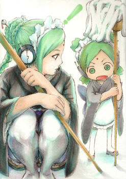 ! 00s 2girls bindi braid braided_bun braided_ponytail child crossover gintama hair_bun headphones japanese_clothes koiwai_yotsuba maid mop multiple_girls profile single_hair_bun squatting standing surprised tama_(gintama) thighhighs wa_maid white_background white_legwear yotsubato!