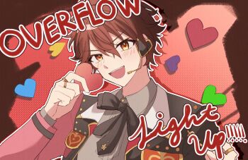 Rule 34 | 1boy, :d, black bow, bow, brown hair, chiori (chlio2i), collared shirt, commentary, ensemble stars!, hair between eyes, hands up, headset, heart, highres, holding, holding heart, jewelry, looking at viewer, male focus, morisawa chiaki, official alternate costume, open mouth, overflow! (ensemble stars!), ring, shirt, short hair, smile, solo, symbol-only commentary, teeth, upper body, upper teeth only