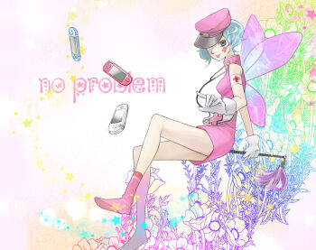 Rule 34 | 1girl, aqua hair, blue eyes, boots, breasts, commentary request, cross, cross facial mark, dress, english text, facial mark, fairy, fairy wings, flower, gloves, handheld game console, hat, holding, holding staff, peaked cap, persona, persona 2, pink boots, pink dress, playstation portable, red cross armband, sleeveless, sleeveless dress, smile, solo, staff, star (symbol), stethoscope, stonko, trish (persona), white gloves, wings