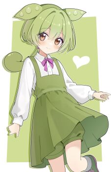 1girl absurdres blush bow bowtie brown_eyes closed_mouth collared_shirt dress earrings edamame foot_out_of_frame green_dress green_footwear green_hair green_shorts green_theme heart highres jewelry long_hair long_sleeves looking_at_viewer low_ponytail odorukaminoke ojou-sama_zundamon pea_pod pink_bow pink_bowtie ponytail puffy_shorts puffy_sleeves shirt shorts simple_background smile solo standing standing_on_one_leg voicevox white_shirt zundamon