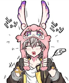 1boy black_gloves caelus_(honkai:_star_rail) character_hat coat gloves grey_hair hair_between_eyes hat hello_mem_world!_(honkai:_star_rail) highres honkai:_star_rail honkai_(series) jacket mem_(honkai:_star_rail) mumm_36 open_clothes open_mouth shirt short_hair simple_background smile solo trailblazer_(honkai:_star_rail) upper_body white_background white_shirt