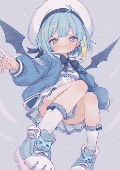 1girl ahoge aqua_background aqua_shoes aqua_trim beret blonde_hair blue_hair bow bowtie closed_mouth commentary_request demon_girl demon_wings dress duel_monster hat highres jacket lil-la_(yu-gi-oh!) live_twin_lil-la long_sleeves looking_at_viewer multicolored_hair open_clothes open_jacket puffy_sleeves shoes short_hair simple_background socks solo streaked_hair takatsurt two-tone_hair white_dress white_hat white_socks wings yu-gi-oh!