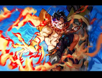 Rule 34 | 1boy, black hair, black shorts, boots, commentary, fire, freckles, hat, highres, jewelry, letterboxed, looking to the side, male focus, necklace, ocean, one piece, orange hat, orange sash, pearl necklace, portgas d. ace, shorts, smile, solo, symbol-only commentary, topless male, yuan jessie0430