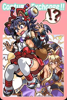 Rule 34 | !?, 2girls, :o, ahoge, animal ears, armpits, black dress, black hat, blush stickers, breasts, commentary request, cosplay, costume switch, deensoon, detached sleeves, dress, fang, fox ears, fox girl, fox tail, geta, gold trim, hair ornament, hakama, hakama skirt, hat, izuna (shinrabanshou), izuna (shinrabanshou) (cosplay), japanese clothes, kimono, kitsune, kyuubi, long hair, matsuhime mujina, matsuhime mujina (cosplay), multicolored dress, multicolored hat, multiple girls, multiple tails, open mouth, parody, pointy ears, purple dress, purple eyes, purple hair, purple hat, raccoon ears, raccoon girl, raccoon tail, red eyes, red hakama, see-through cleavage, see-through clothes, shinrabanshou, shirt, sideboob, skirt, star (symbol), style parody, surprised, tail, thighhighs, white kimono, white shirt, white thighhighs