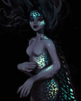 1girl absurdres arm_fins black_background black_hair black_lips commentary english_commentary floating_hair glowing hand_on_own_stomach highres long_hair looking_at_viewer mermaid monster_girl original scales simple_background smile solo sparkling_eyes twulfs