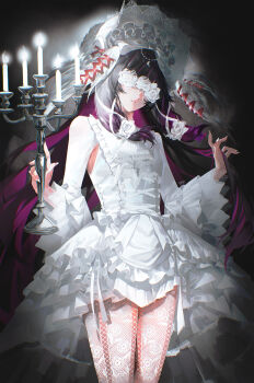 1girl absurdres alternate_costume black_hair bonnet candle candlestand columbina_(genshin_impact) commentary cowboy_shot dress english_commentary flower flower_over_eyes genshin_impact hands_up highres holding_candlestand lolita_fashion long_hair long_sleeves multicolored_hair pantyhose parted_lips purple_hair shei99 solo very_long_hair white_bonnet white_dress white_flower white_pantyhose