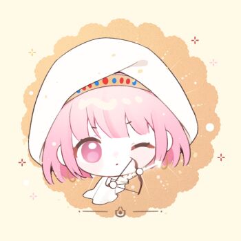 1girl armlet arrow_(projectile) baonu_de_zhanshen_caibutou bare_shoulders bow_(weapon) bracelet chibi chinese_commentary cloak commentary_request determined dot_nose drawing_bow eyelashes frown gold_armlet gold_bracelet highres holding holding_arrow holding_bow_(weapon) holding_weapon hood hood_up hooded_cloak infinity_nikki jewelry light_blush light_particles looking_at_viewer multiple_bracelets nikki_(nikki) nikki_(series) one_eye_closed orange_background parted_lips pink_eyes pink_hair purifying_wind_(infinity_nikki) shirt short_hair sleeveless sleeveless_shirt solo sparkle tareme two-tone_background v-shaped_eyebrows weapon white_cloak white_shirt yellow_background