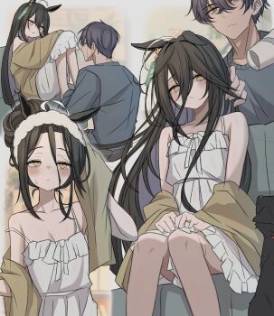 1boy 1girl absurdres alternate_costume alternate_hairstyle animal_ears bare_shoulders black_hair black_pants blue_shirt blush cardigan closed_mouth dress drying drying_another&#039;s_hair drying_hair forehead hair_between_eyes hair_bun hair_dryer highres holding holding_hair_dryer horse_ears horse_girl horse_tail leogust long_bangs long_hair manhattan_cafe_(umamusume) open_cardigan open_clothes pants purple_hair shirt short_hair sidelocks sweatdrop tail textless_version towel towel_on_head trainer_(umamusume) umamusume white_dress yellow_cardigan yellow_eyes