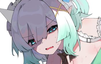 1girl blue_eyes breasts cleavage close-up commentary frown ghost_girl gradient_hair hair_between_eyes hair_ornament indie_virtual_youtuber looking_at_viewer maid_headdress mewraii mint_fantome multicolored_hair open_mouth pointy_ears red_pupils short_hair simple_background solo sweat triangular_headpiece upper_body virtual_youtuber white_background white_hair x_hair_ornament