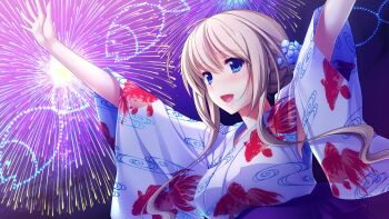 1girl aerial_fireworks animal_print arms_up blonde_hair blue_eyes blue_flower breasts commentary_request fireworks fish_print flower hair_flower hair_ornament highres hoshi_ori_yume_mirai japanese_clothes kimono koizumi_amane large_breasts okihara_misa open_mouth purple_skirt second-party_source skirt smile solo upper_body