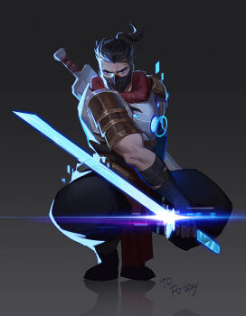 Rule 34 | 1boy, amo (amo9612), armor, bandages, black hair, blue eyes, boots, buzz cut, chest armor, chest plate, glowing, glowing weapon, highres, league of legends, looking at viewer, male focus, manly, mask, muscular, muscular arms, muscular male, pants, ponytail, pulsefire shen, scar, shen (league of legends), short hair, shoulder armor, shoulder pads, solo, squatting, sword, veins, veiny arms, very short hair, weapon