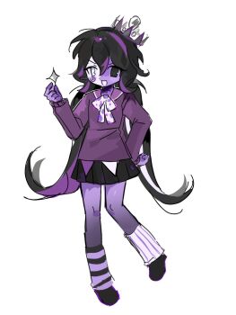 1girl black_eyes black_hair black_skirt colored_skin crown forsaken_(roblox) full_body hand_up heterochromia highres long_hair low_twintails multicolored_hair noli_(roblox) open_clothes pleated_skirt purple_skin purple_sweater q622130598 roblox simple_background skirt smile solo streaked_hair sweater twintails very_long_hair white_background white_eyes
