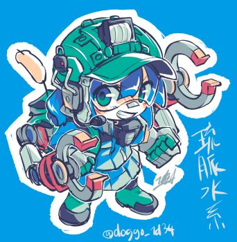 1girl alternate_costume alternate_headwear backpack bag blue_background blue_hair blue_skirt boots cattail commentary_request doggo_1d34 full_body gloves goggles green_bag green_boots green_eyes green_gloves grin hat headset kawashiro_nitori looking_at_viewer mechanical_arms medium_hair plant signature skirt smile solo touhou translation_request twitter_username