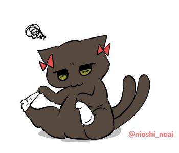 Rule 34 | :3, animal focus, black cat, bow, cat, commentary request, full body, kaenbyou rin, kaenbyou rin (cat), multiple tails, no humans, noai nioshi, pet socks, red bow, simple background, sitting, socks, squiggle, tail, touhou, twitter username, two tails, white background, white socks, yellow eyes